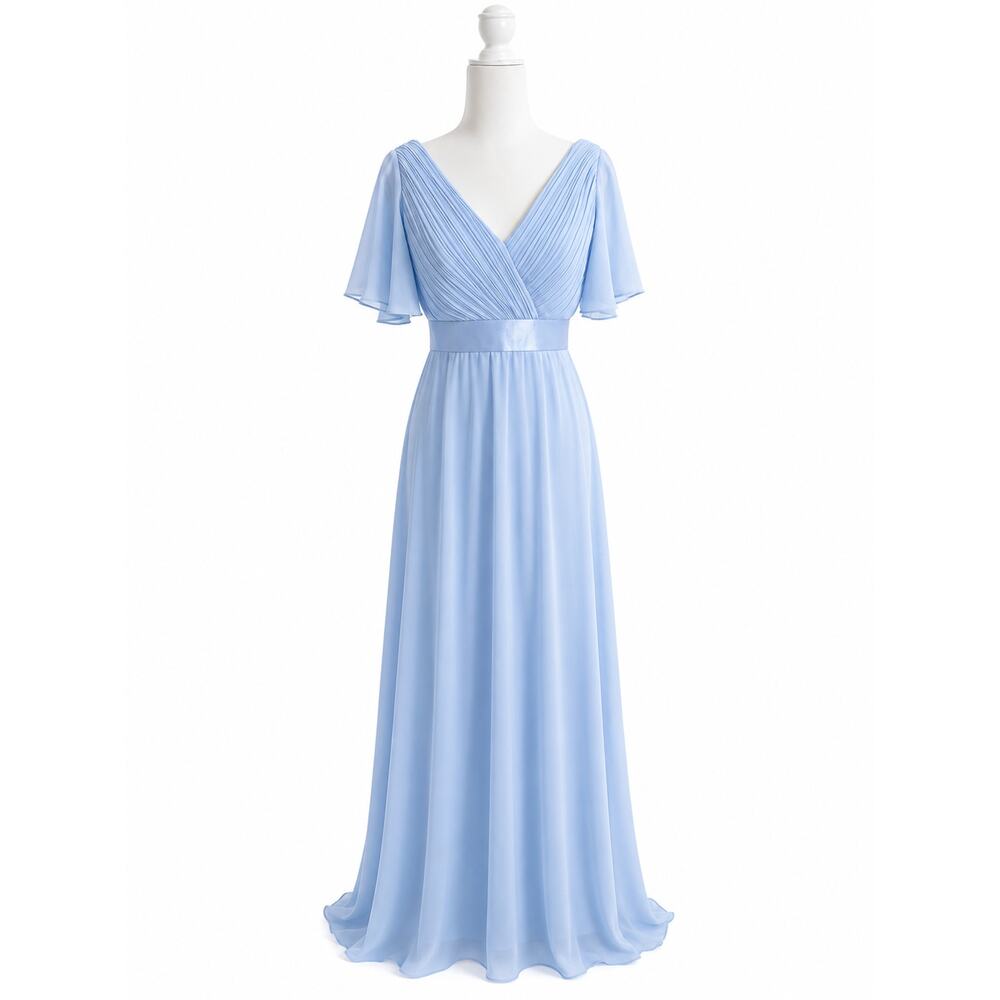 Ever Pretty Sky Blue Chiffon Ruched Bust Ruffle Sleeve Maxi Gown Women's 8 Dress